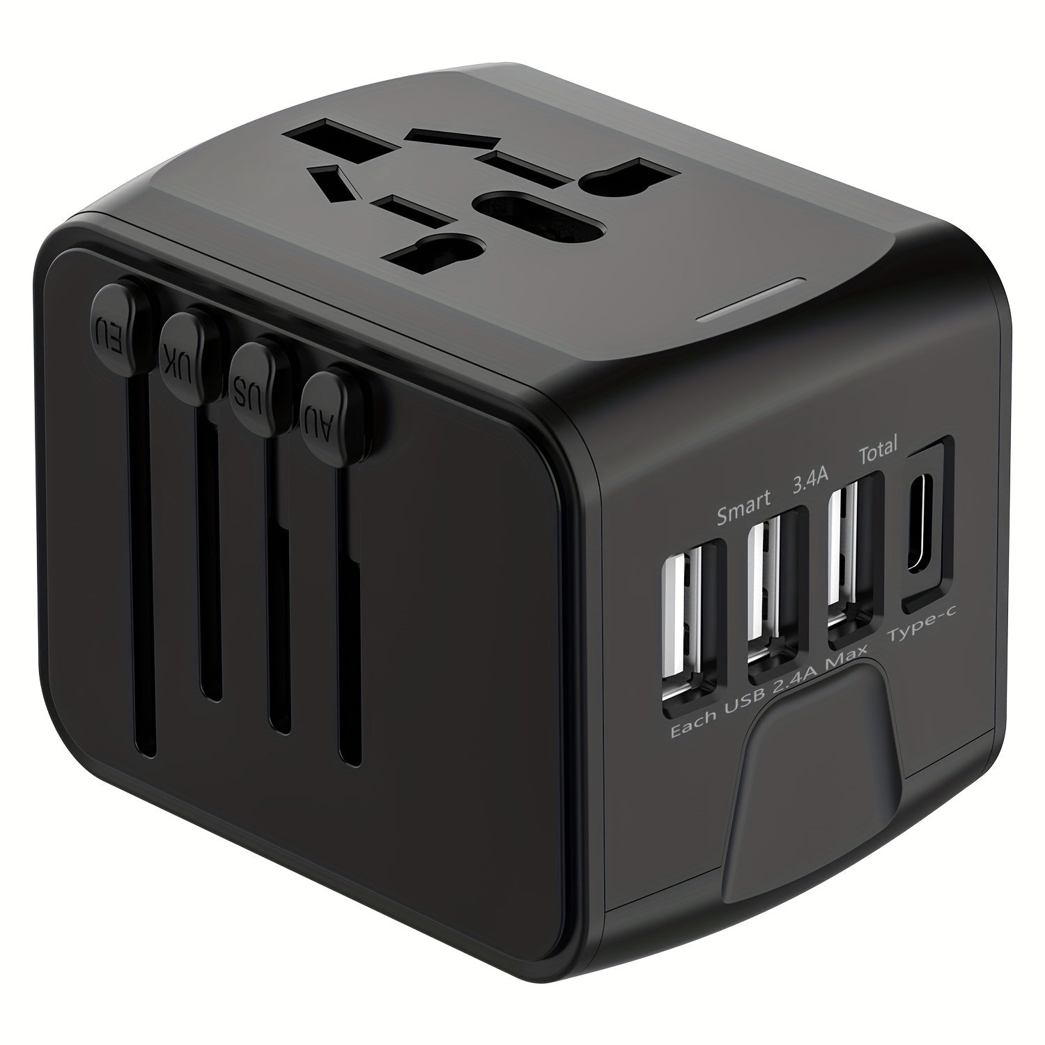 Rejseadapter med 4 USB-porte og Type-C – Global oplader med hurtigopladning og sikkerhedsfunktioner